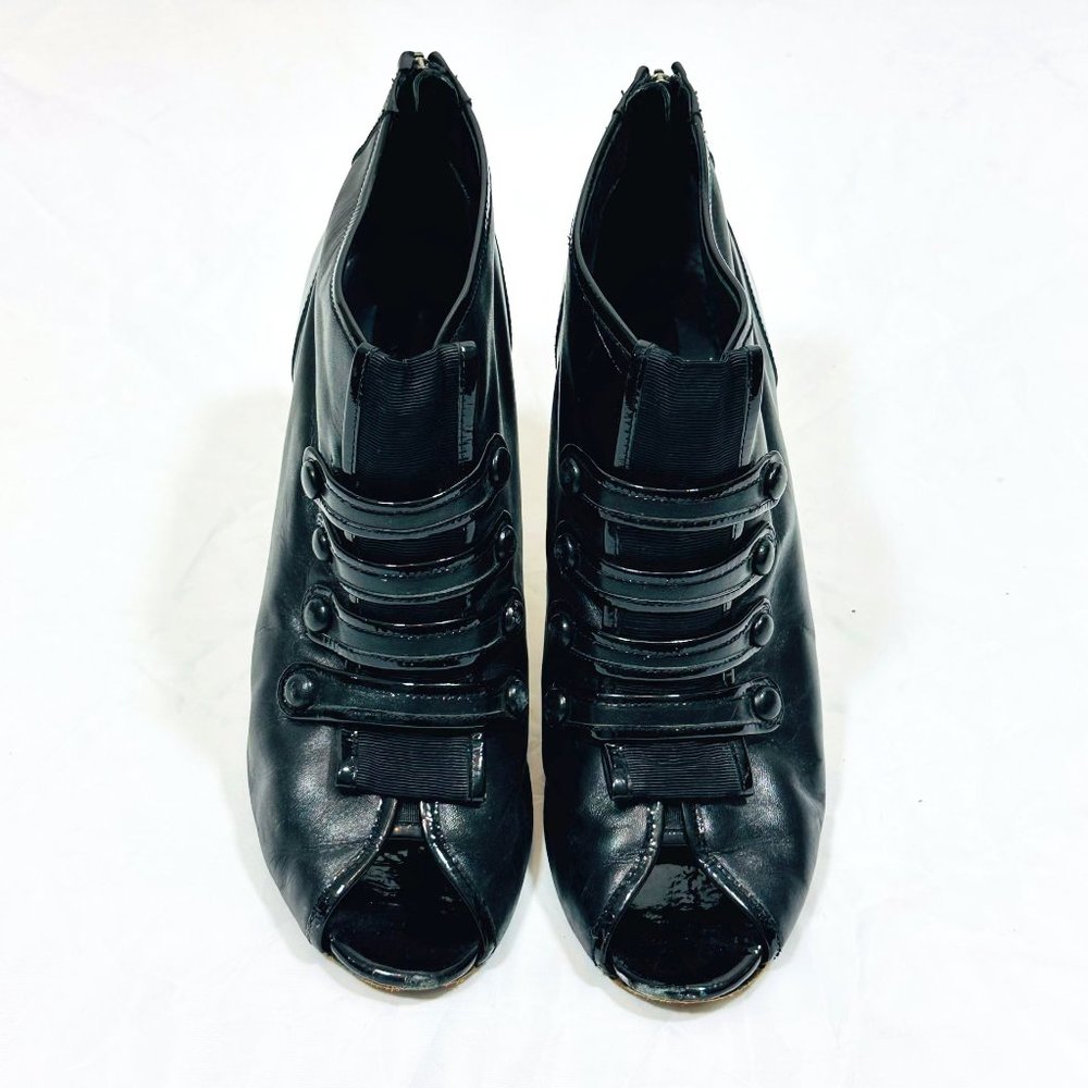 Ann Taylor Military Open Toe Bootie with Patent Leather details and back zip
